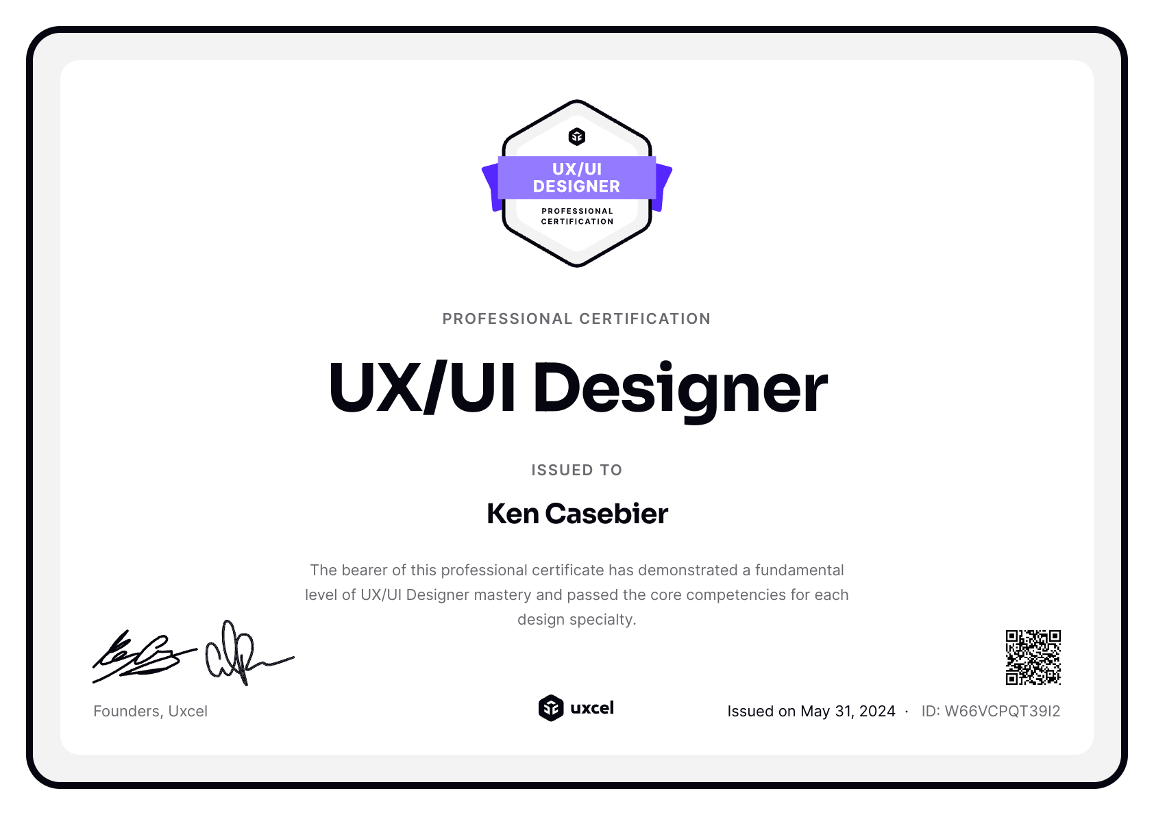 Ken Casebier's certificate